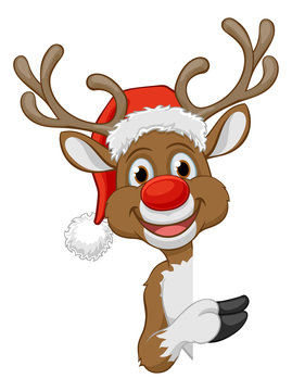 Christmas reindeer in a Santa hat cartoon character peeking around a sign and pointing at it