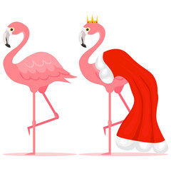 Flamingo, pink flamingo in the mantle and crown of the queen. Cartoon illustration of a flamingo.