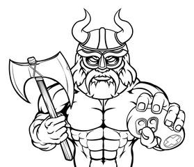 A Viking or gladiator warrior gamer mascot with video games controller