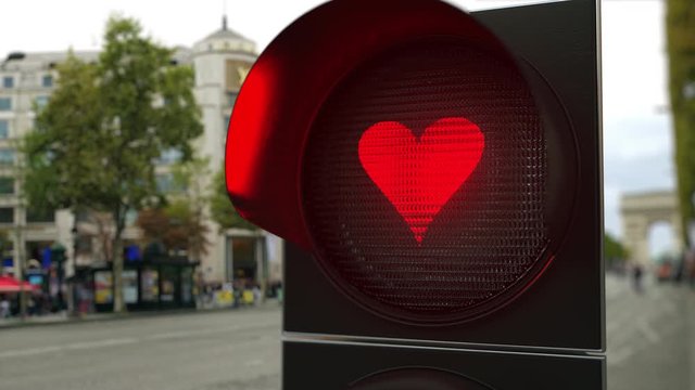 Heart symbol on red traffic light signal. Conceptual 3D animation