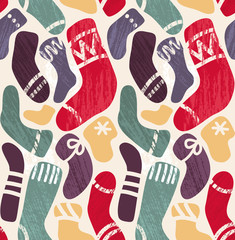 Socks seamless pattern. Retro doodle style. Hand-drawing winter themed background for seasonal greeting cards or gifts wrapping paper
