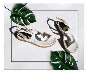 Trendy Sunny summer concept with white sandals and green branches on white background with hard...