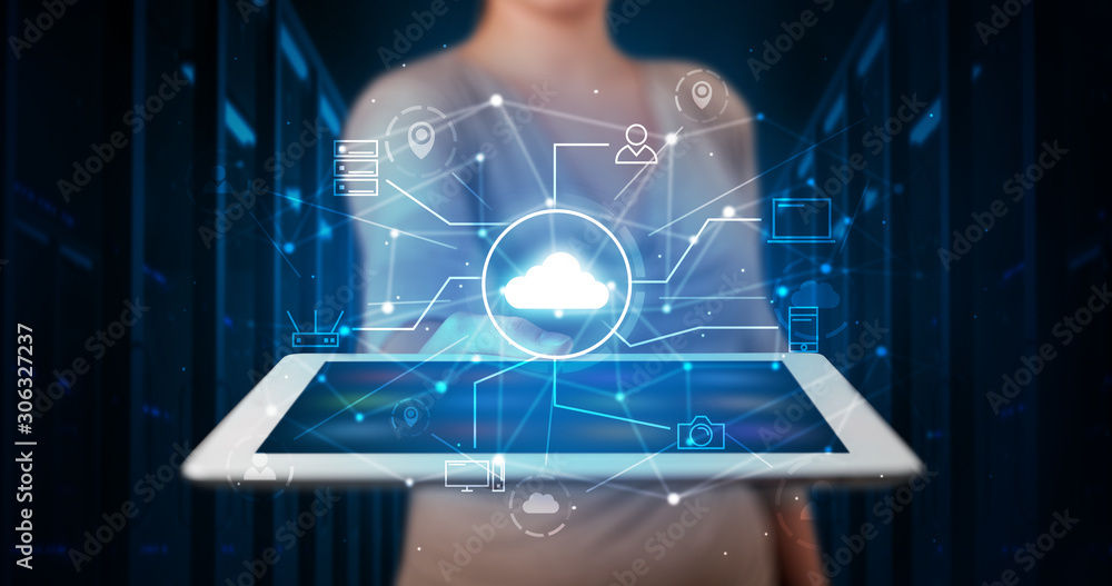 Poster formal hand in server room with virtual workspace concept