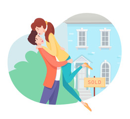Couple in love buying house real estate cartoon