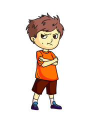 Angry sad mad moody cartoon child character. Negative kid emotion, bad behavior. Boy do not talk after quarrel. Conflict. Relationship and friendship. Vector cutout flat illustration.