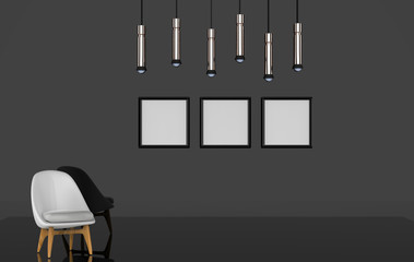 chair is standing in an empty room with poster mock up on wall with ceiling light ready for design presentation. 3d illustration