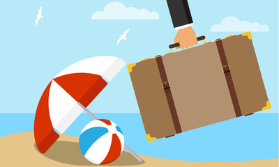Fototapeta premium Hand holding travel suitcase. A tourist's hand holds a suitcase with things on the background of a sea landscape. Vector illustration.