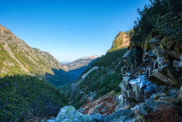 A valley in the mountains with a river protruding on Wednesday in the autumn without people, Poland dolina roztoki © Martin