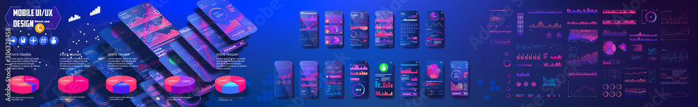 Poster ui, ux, gui mobile screens modern infographic diagram template and chart graph flat web icons for mo