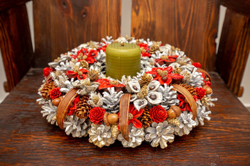 Christmas Wreath Lying On Wooden Background