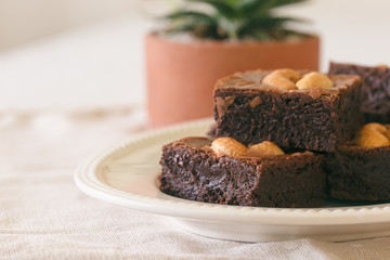 Dark chocolate fudge brownies topping with cashew nuts on white plate with copy space. Delicious taste bitter sweet, chewy and fudgy. Brownie is one type of chocolate cake. Homemade bakery concept