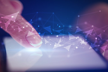 Finger touching phone with human network concept and dark background