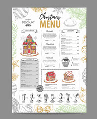 Christmas menu design with sweet gingerbread house, cupcakes and cocktails