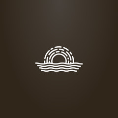 white sign on a black background. simple vector line art outline sign of sun over water waves