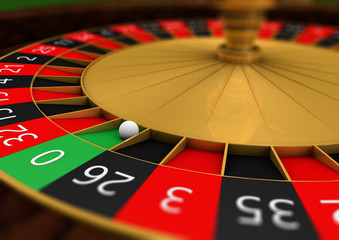 Classic casino roulette wheel with sector zero and white ball. 3d render illustration