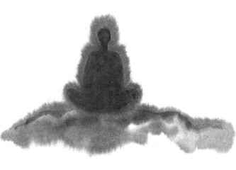 Meditator in the mountains. Man in the lotus position. Ink graphics. Chinese, japanese, oriental style. Gohua, sumi, zen, meditation, nature health.