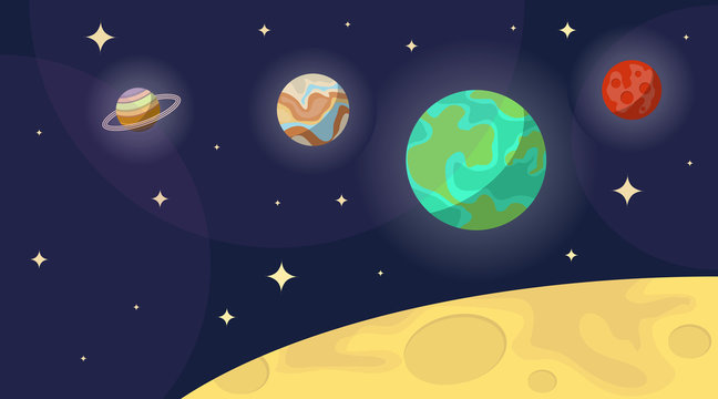 Space, realistic space with planets and stars. Cartoon illustration of space.