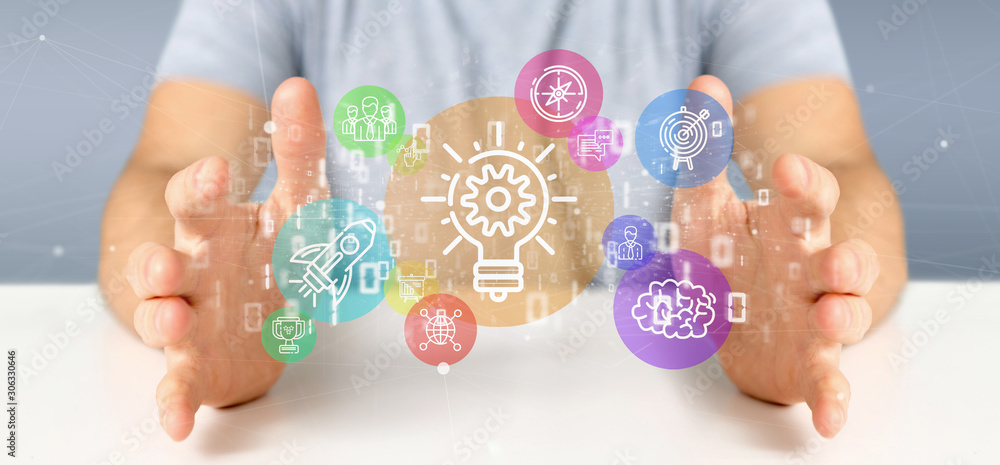 Poster cloud of colorfull start up icon bubble with data businessman holding a binary 3d rendering
