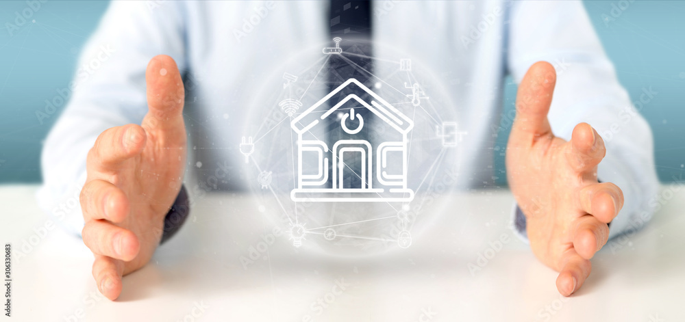 Aufkleber businessman holding smart home interface with icon, stats and data 3d rendering
