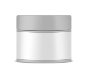 Round jar with blank label, vector mockup. Cosmetics bottle with lid template