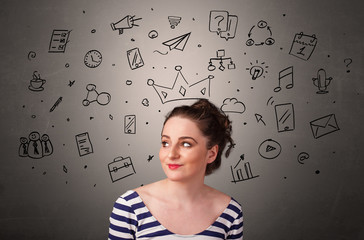 Pretty girl with drawn tasks above her head