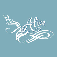Alice name in the style calligraphy, girls woman forename on blue background. Decorative lettering