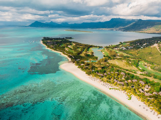 Mauritius aerial view of Le Morne and tropical Beach on south west