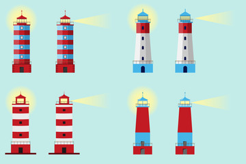 Fototapeta na wymiar Lighthouse, Set of lighthouses, path lighting. Big set flat lighthouses isolated. Vector