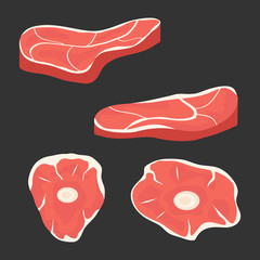 Meat, chunks of fresh meat isolated on black background. Steak, meat with blood. Vector illustration
