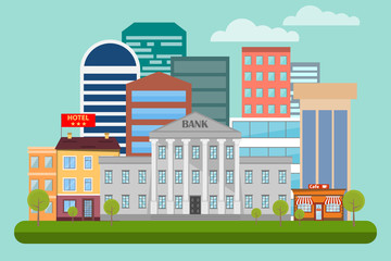 Urban life concept with architecture icons design. Vector illustration in modern flat style, urban landscape