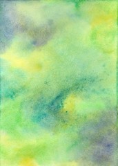 Watercolor background in green, yellow and blue gray colors. Raster abstract illustration. Hand drawn gradient painting