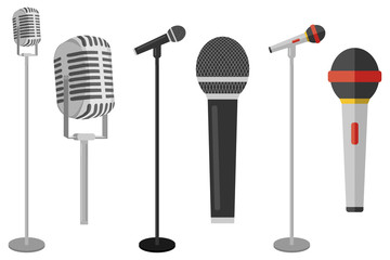 Three microphones on counter. Microphone with stand vector on white background. Set of microphones on counter. - obrazy, fototapety, plakaty
