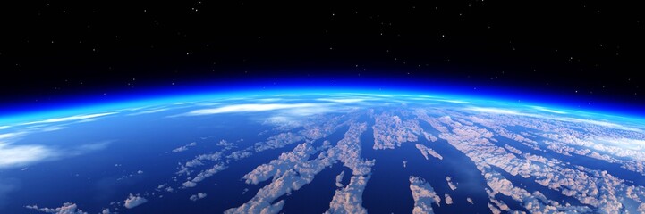 Heaven, panorama of the cloud, flying in the clouds, the earth from orbit. 3d rendering.