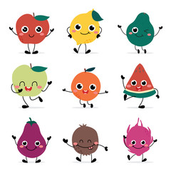 cute Fruit cartoon character design. Hand drawn kawaii fruit with eye, hand and leg, watermelon, dragon fruit, avocado, pair, berry, orange, lime and various fruit vector.