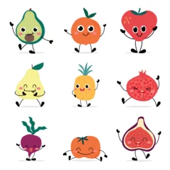 Fotobehang cute Fruit cartoon character design. Hand drawn kawaii fruit with eye, hand and leg, watermelon, dragon fruit, avocado, pair, berry, orange, lime and various fruit vector. © TWINS DESIGN STUDIO