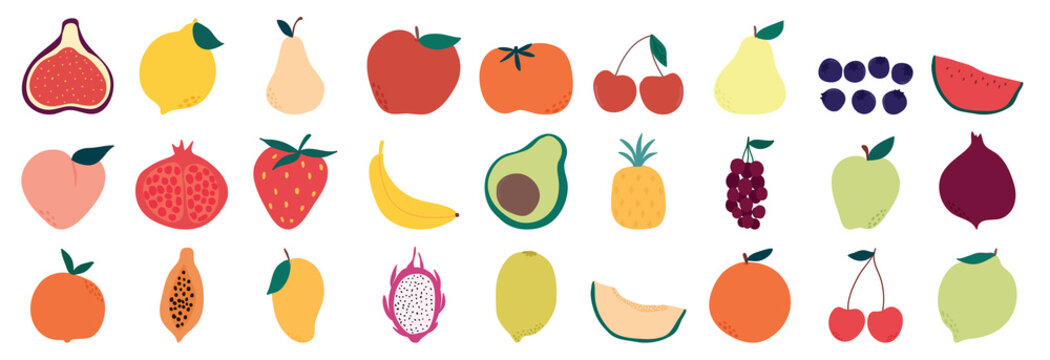 Set of colorful fruit icons ,banana, apple, pear, strawberry, orange, peach, plum, watermelon, pineapple, papaya, grapes, cherry, lemon, mango. Vector illustration, isolated on white.