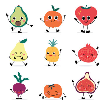 cute Fruit cartoon character design. Hand drawn kawaii fruit with eye, hand and leg, watermelon, dragon fruit, avocado, pair, berry, orange, lime and various fruit vector.