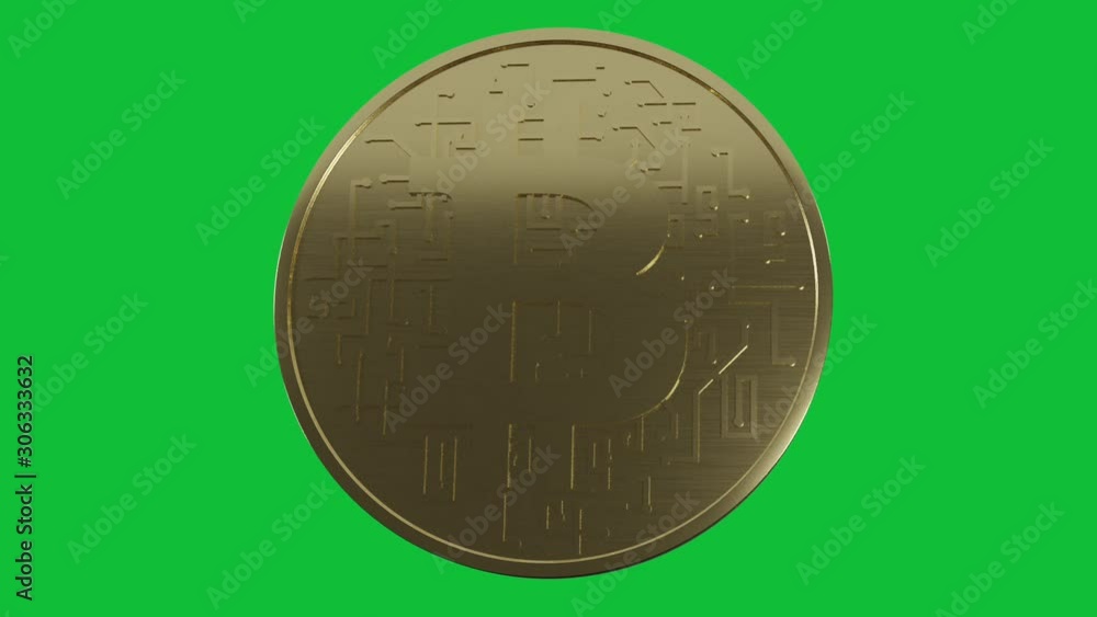 Poster bitcoin cryptocurrency in gold rotating three hundred and sixty degrees with a green chroma key back