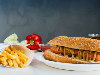 fast food meal. tasty hot dog with mustard and french fries near. white table and blu background