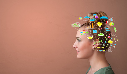 Head with office operation concept, colorful graphs, charts and icons