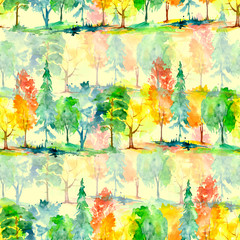 Seamless watercolor pattern. Autumn landscape, forest, park. Silhouettes of trees and bushes. red, orange and yellow colors. Linear curb. Mixed forest - oak, ash, maple, birch, pine, cedar, spruce