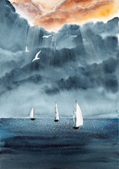  Watercolor picture of white sailing boats in calm sparkling sea with storm clouds and rays of light