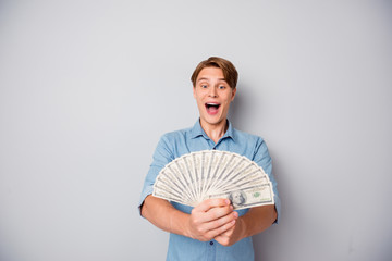 Omg look i millionaire. Amazed crazy guy win casino jackpot look on money fan scream wow feel...