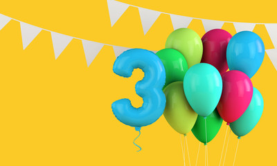 Happy 3rd birthday colorful party balloons and bunting. 3D Render
