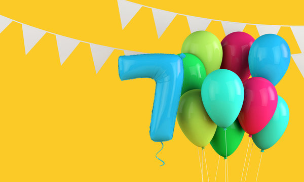 Happy 7th birthday colorful party balloons and bunting. 3D Render