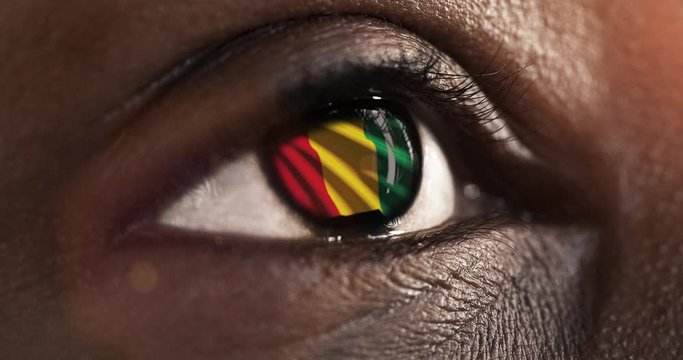 Woman black eye in close up with the flag of Guinea in iris with wind motion. video concept
