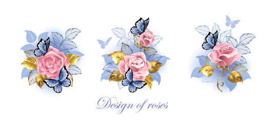 Set of pink roses with butterflies