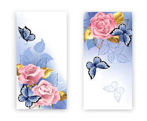 Two banners with pink roses