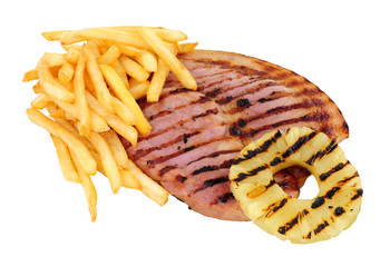 Grilled horseshoe gammon steak and fries isolated on a white background