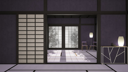 Empty open space, mats, tatami and futon floor, purple plaster walls, wooden roof, chinese paper doors, chairs with lamps, lounge room, window with zen garden shadows, meditation room
